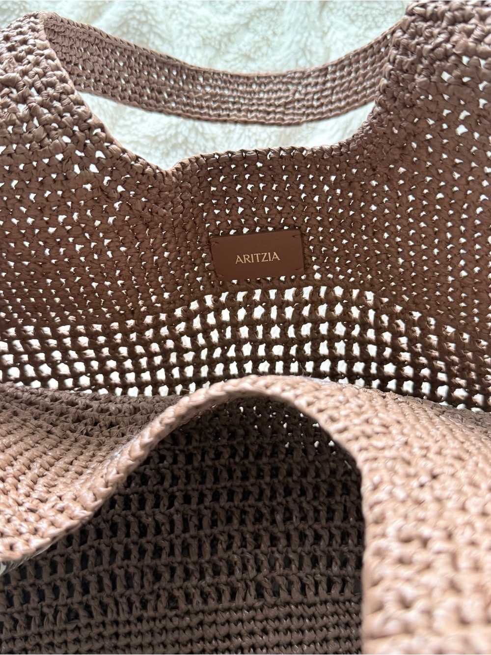 Aritzia Awayday Tote Brown Crochet Raffia Bag + Floral Silk Scarf - Picture 3 of 9